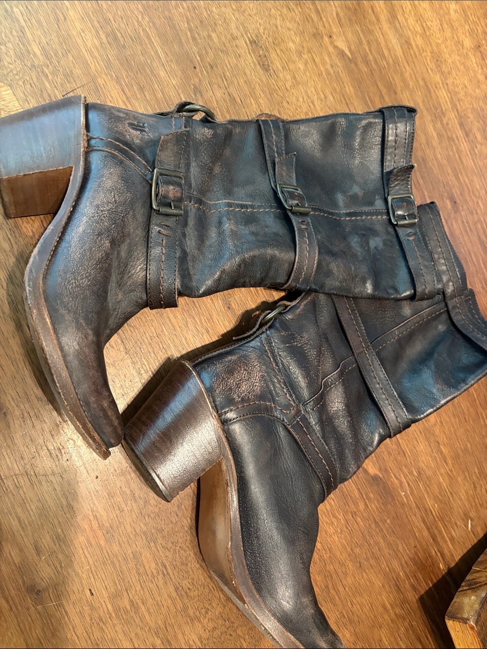 Frye Black Leather Mid-Calf Buckle Harness Boots